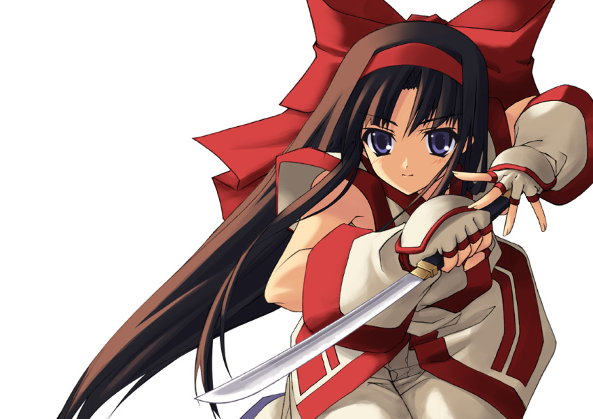 blue_eyes brown_hair fighting_stance fingerless_gloves hair_bow hairband missing_link nakoruru portrait samurai_spirits shingo simple_background solo sword very_long_hair wakizashi