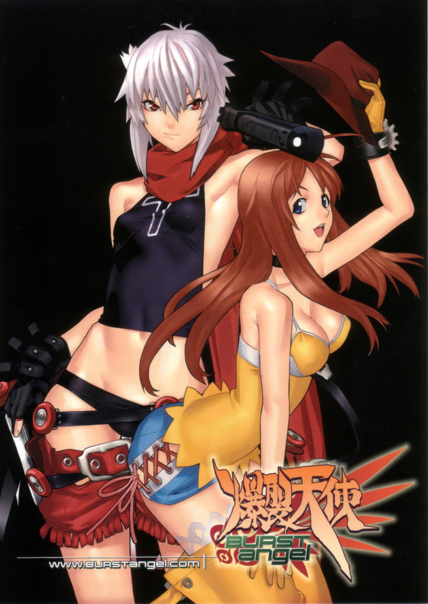 2girls absurdres bakuretsu_tenshi bare_shoulders choker cleavage cowboy_hat fingerless_gloves gloves hakua_ugetsu hat_removed jo megumi pistol pose scarf