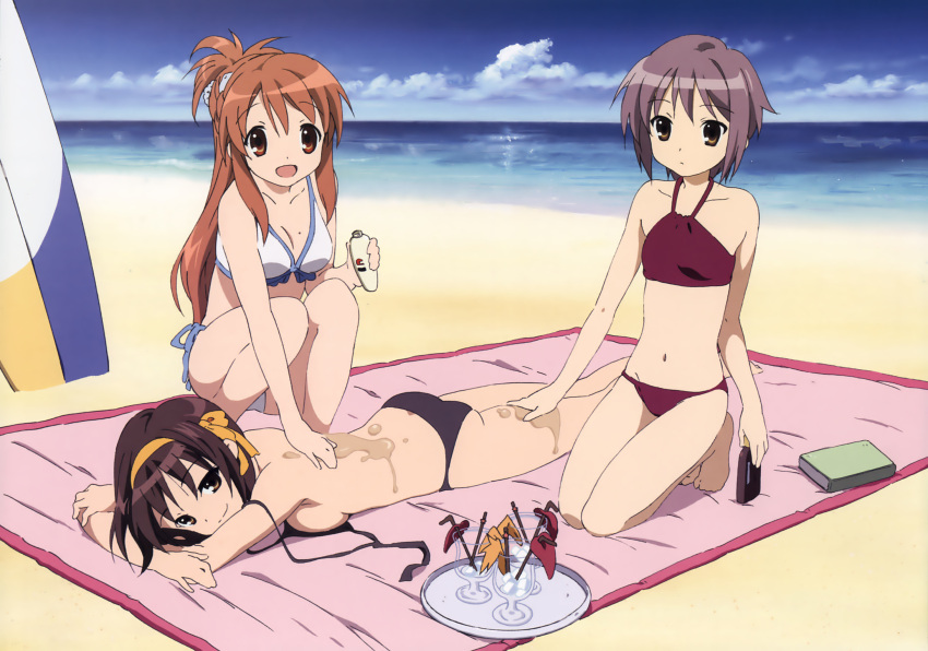 ass bare_shoulders beach bikini book breasts brown_hair cleavage drink highres lotion midriff nagato_yuki scan short_hair sideboob surfboard suzumiya_haruhi suzumiya_haruhi_no_yuuutsu swimsuit swimsuit tray untied