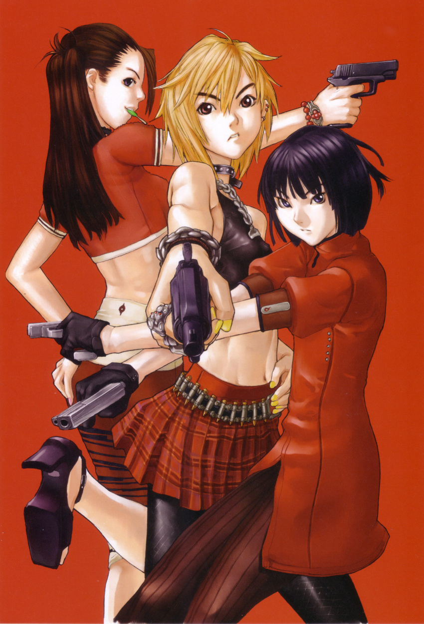 3girls absurdres ammunition_belt ass ass_grab back bangs bare_shoulders beads belt black_hair black_legwear blonde_hair blue_eyes blunt_bangs bob_cut bracelet brown_eyes brown_hair bullet candy chain chains character_request choker coat collar crop_top crossed_arms dual_wield dual_wielding earrings fighting_stance flat_chest foreshortening from_behind gloves gun gunpoint hakua_ugetsu hand_on_hip handgun high_heels highres jewelry leather leg_lift lollipop long_hair looking_at_viewer looking_back midriff miniskirt minna_no_shoukinkasegi mouth_hold nail_polish navel necklace official_art outstretched_arm outstretched_arms pants pantyhose pistol plaid plaid_skirt pleated_skirt pose profile red revolver ring sandals scan self_fondle shoes short_hair simple_background skirt standing stockings striped studded_collar tank_top turtleneck weapon