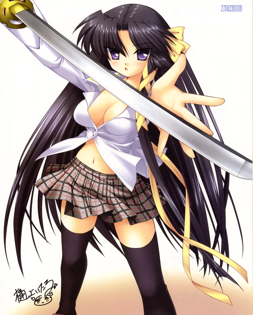cleavage hinoue_itaru key kurugaya_yuiko little_busters!! seifuku sword thigh-highs