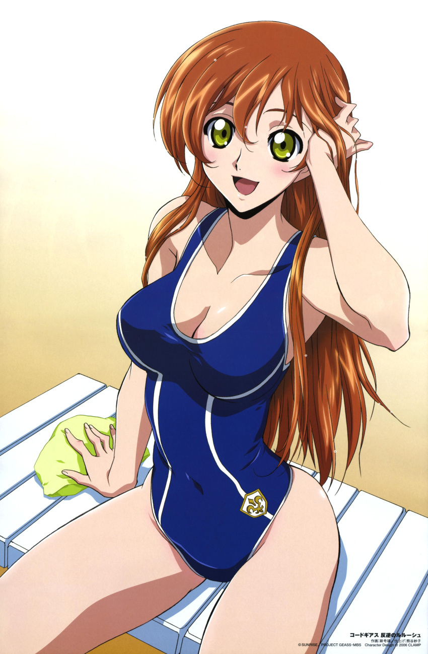 :d absurdres adjusting_hair arm_up bangs beach blush breasts brown_hair cleavage code_geass comp_h's green_eyes hair_between_eyes hand_on_head highres large_breasts long_hair looking_at_viewer lounge_chair navel official_art one-piece_swimsuit open_mouth outdoors parted_bangs payot sand scan shingou_yasushi shirley_fenette single_vertical_stripe sitting smile solo spread_legs swim_cap swimsuit swimsuit taut_swimsuit thighs wet_hair wide_hips
