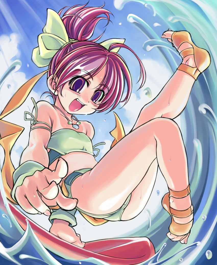 1girl absurdres bikini cloud copyright_request highres jewelry necklace open_mouth pink_hair ponytail purple_eyes sky solo swimsuit swimsuit tan tanline water xration