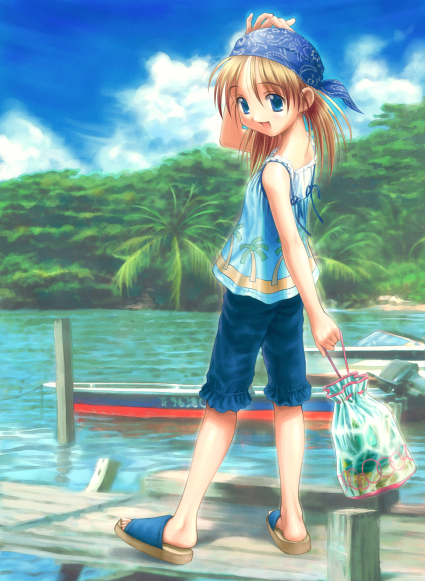 absurdres bag bandanna blonde_hair blue_eyes boat camisole goto-p head_scarf pier sandals shorts solo tropical water