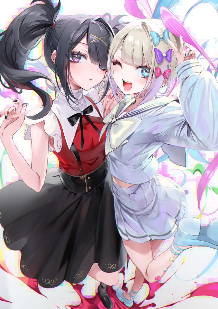 2girls :o ;d absurdres ame-chan_(needy_girl_overdose) arm_up black_bow black_footwear black_hair black_nails black_skirt blue_bow blue_eyes blue_footwear blue_hair blue_nails bow breasts chouzetsusaikawa_tenshi-chan commentary_request grey_hair grey_sailor_collar grey_serafuku grey_shirt grey_skirt grey_socks hair_bow hair_ornament hair_over_one_eye highres long_sleeves multicolored_hair multicolored_nails multiple_girls nail_polish needy_girl_overdose nekometaru one_eye_closed open_mouth parted_lips pink_hair pleated_skirt puffy_long_sleeves puffy_sleeves purple_bow purple_nails red_nails red_shirt sailor_collar school_uniform serafuku shirt shoe_soles shoes single_hair_intake skirt sleeves_past_wrists small_breasts smile socks standing standing_on_one_leg suspender_skirt suspenders teeth twintails two-tone_hair upper_teeth_only violet_eyes x_hair_ornament