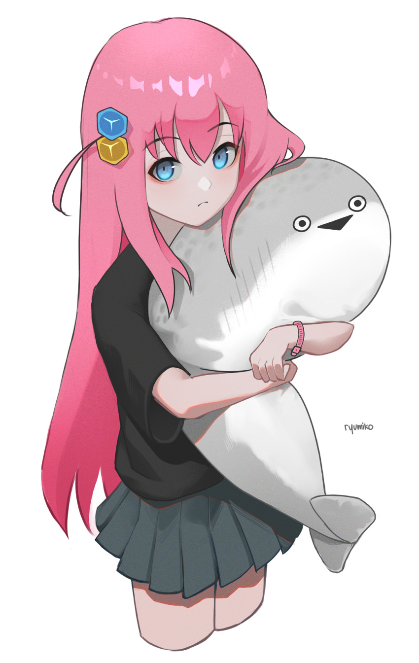 1girl artist_name bags_under_eyes black_mouth black_shirt blue_eyes bocchi_the_rock! closed_mouth cropped_legs cube_hair_ornament gotou_hitori grey_skirt hair_ornament highres holding holding_stuffed_toy long_hair looking_at_viewer miniskirt object_hug one_side_up open_mouth pink_hair pink_wristband pleated_skirt ryumikooo sacabambaspis shirt short_sleeves simple_background skirt solo stuffed_animal stuffed_fish stuffed_toy t-shirt triangle_mouth white_background wristband