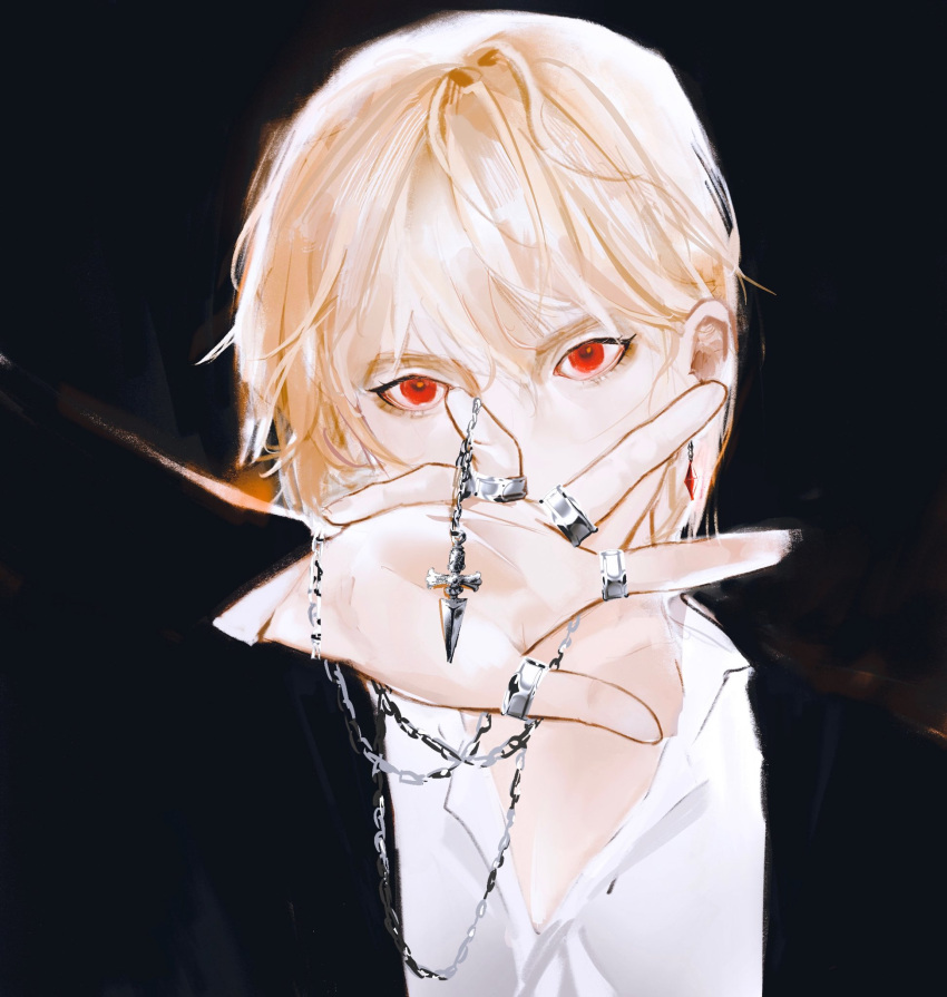 02_ihate99 1other androgynous black_background black_suit blonde_hair chain covered_mouth crystal_earrings earrings formal highres hunter_x_hunter jewelry kurapika long_sleeves looking_at_viewer nen_(hunter_x_hunter) red_eyes ring shirt short_hair simple_background solo suit thumb_ring upper_body white_shirt