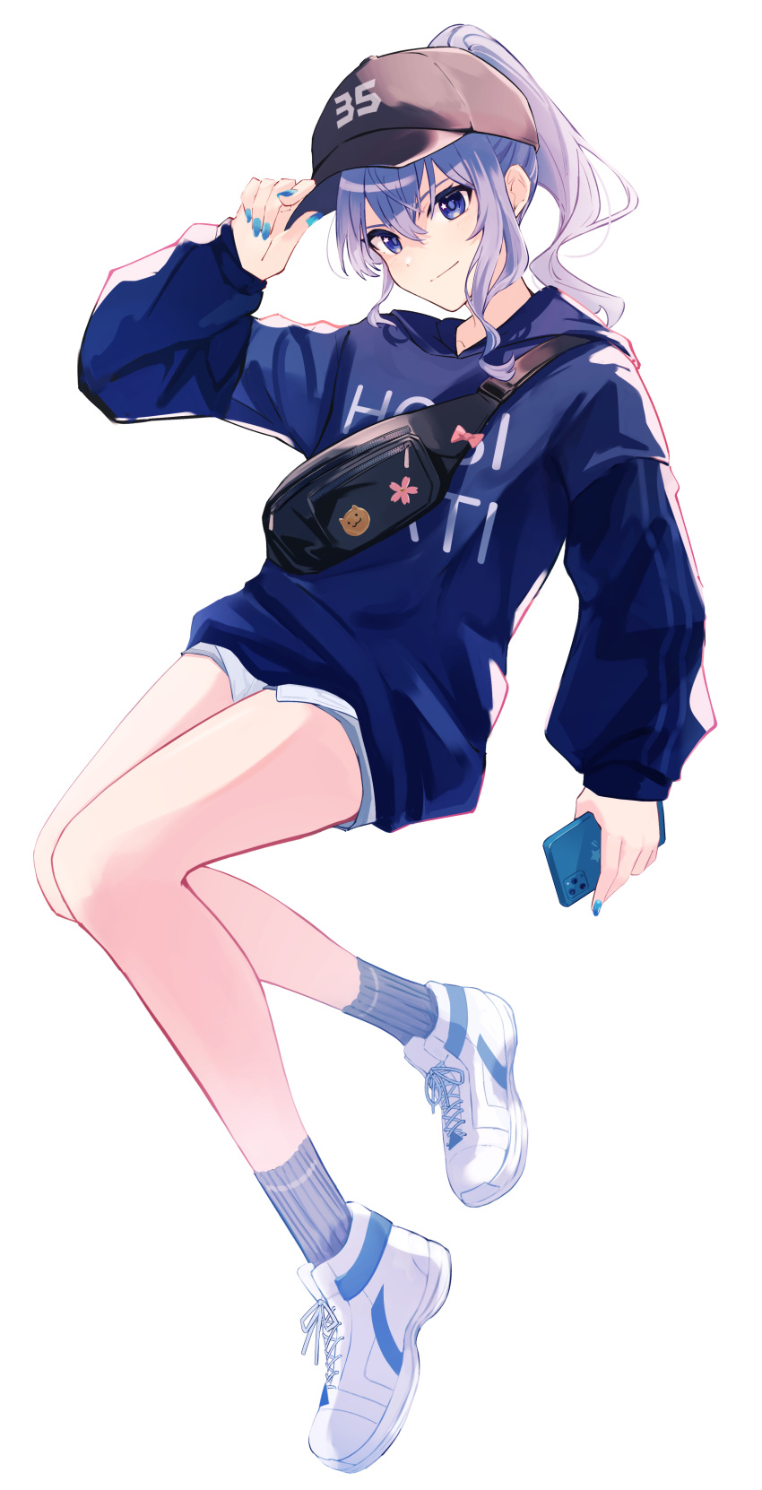 1girl absurdres alternate_costume bare_legs baseball_cap blue_eyes blue_hair blue_hoodie blue_nails casual cellphone closed_mouth fanny_pack full_body hat high_ponytail highres holding holding_phone hololive hood hoodie hoshimachi_suisei long_hair phone shishamope shoes short_shorts shorts simple_background smartphone sneakers solo star_(symbol) star_in_eye symbol_in_eye white_background