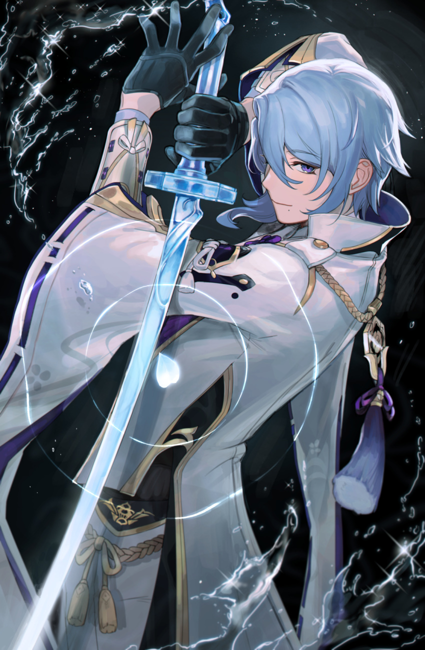 1boy black_gloves blue_hair closed_mouth collared_jacket cowboy_shot fighting_stance genshin_impact gloves haran_geppaku_futsu_(genshin_impact) highres holding holding_sword holding_weapon japanese_clothes kamisato_ayato lapels light_blue_hair liquid_weapon looking_at_viewer mole mole_under_mouth neekosiah ripples smile sword tassel violet_eyes water weapon wide_sleeves