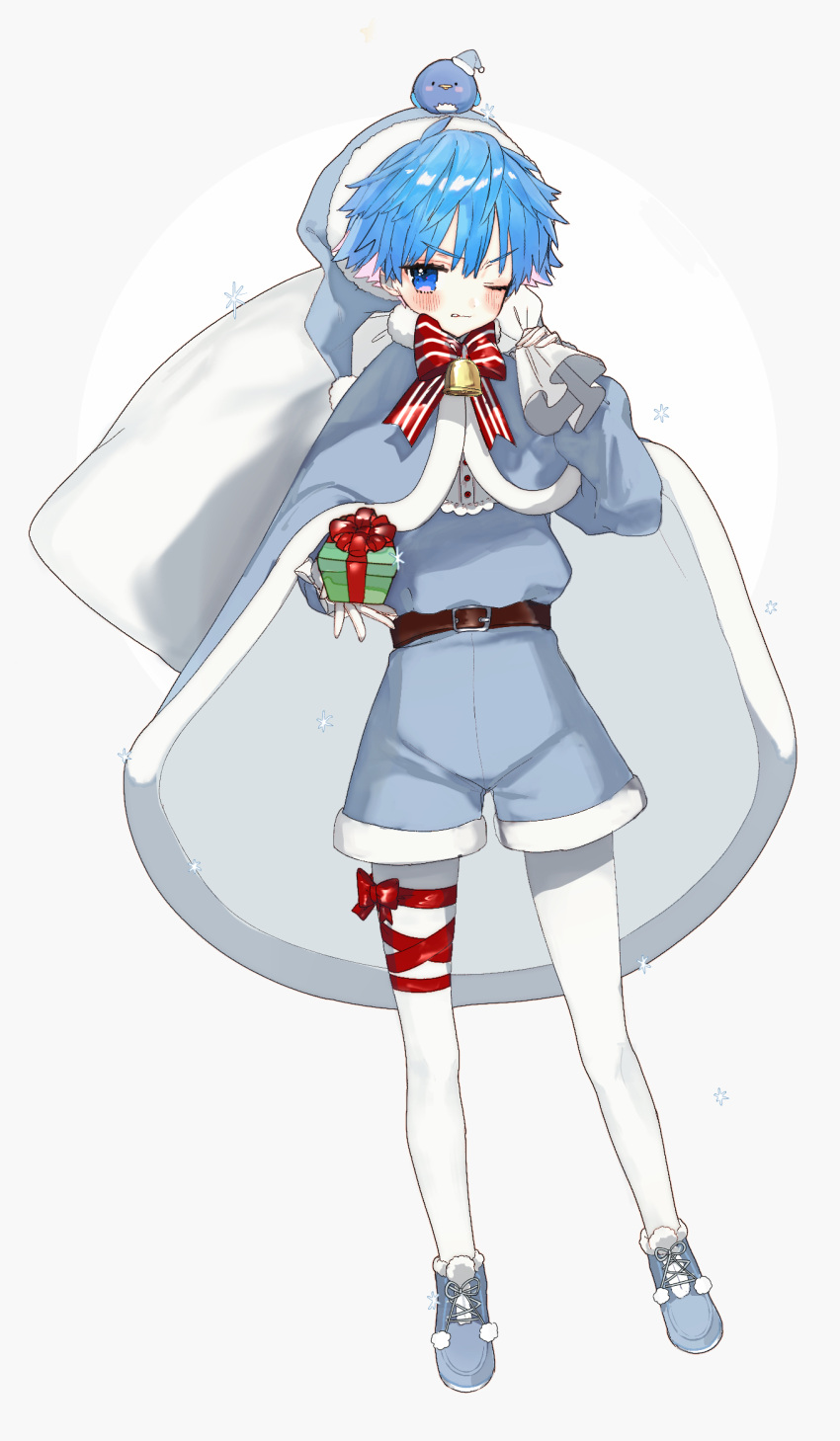 1boy animal_on_head bell belt bird bird_on_head blue_cape blue_eyes blue_footwear blue_hair blue_headwear blue_shirt blue_shorts blush bow bowtie box brown_belt cape christmas colored_inner_hair commentary fate/extra fate/extra_ccc fate/grand_order fate_(series) full_body fur-trimmed_cape fur-trimmed_footwear fur-trimmed_headwear fur-trimmed_shorts fur_trim gift gift_box hand_up hans_christian_andersen_(fate) hat highres holding holding_gift holding_sack leg_ribbon long_sleeves looking_at_viewer male_focus multicolored_hair neck_bell on_head one_eye_closed pantyhose parted_lips pink_hair pith_u pom_pom_(clothes) puffy_long_sleeves puffy_sleeves red_bow red_bowtie red_ribbon revision ribbon sack santa_hat shirt shoes short_hair shorts snowflakes solo streaked_hair striped striped_bow striped_bowtie thigh_bow thigh_ribbon white_background white_pantyhose white_stripes