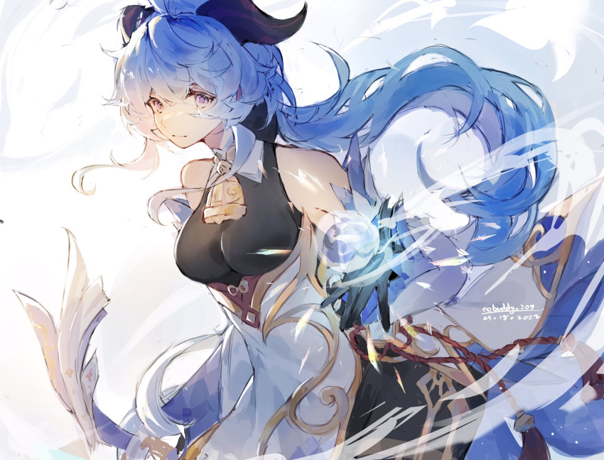 1girl amos'_bow_(genshin_impact) bare_shoulders bell black_leotard black_pantyhose blue_hair bodystocking breasts chinese_knot cowbell cowboy_shot crossed_bangs floating_hair flower_knot ganyu_(genshin_impact) genshin_impact goat_horns gold_trim highres holding holding_weapon horns leotard leotard_under_clothes light_smile long_hair long_sleeves looking_at_viewer low_ponytail medium_breasts neck_bell object_floating_above_hand pantyhose sidelocks skirt solo thighlet vision_(genshin_impact) weapon white_background white_skirt white_sleeves wide_sleeves wind xu_carman