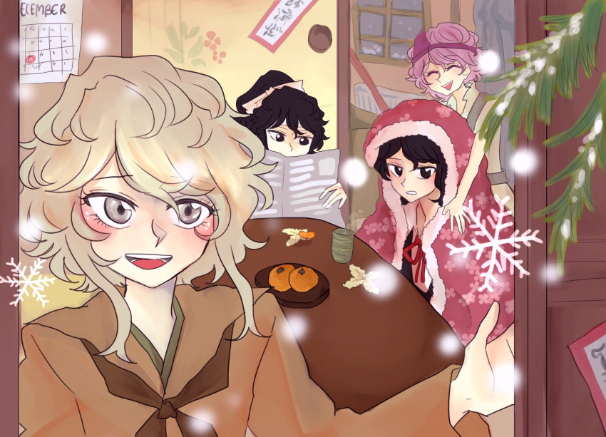 4others androgynous ascot black_coat black_eyes black_hair blush bow bowtie brown_ascot brown_coat calendar_(object) christmas clenched_teeth closed_eyes coat collared_coat collared_shirt covering_with_blanket cup enraku_tsubakura eyelashes floral_print food frown fruit grey_eyes hair_bow hand_on_another's_shoulder highres houlen_yabusame indoors japanese_clothes jinbei_(len'en) kimono kotatsu len'en long_sleeves m40u mistletoe mug multiple_others newspaper no_headwear ofuda open_mouth opening_door persimmon pink_hair ponytail reading red_bow red_bowtie senri_shrine shion_(len'en) shirt short_hair sleeveless sleeveless_coat sleeveless_kimono sliding_doors smile snowflakes snowing table teeth triangular_headpiece upper_body white_bow white_kimono white_shirt wide_sleeves window