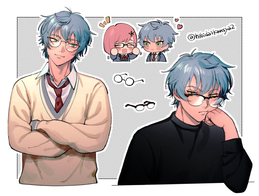 1boy 1girl :t ^_^ bespectacled black_sweater blue_hair bob_cut border borrowed_clothes bow bowtie cheek_press chibi closed_eyes closed_mouth collared_shirt crossed_arms glasses green_eyes grey_hair habataki_academy_school_uniform hair_ornament hairclip hand_up head_rest head_tilt heart hibidaikansya2 himuro_inori long_sleeves looking_at_another looking_at_viewer multiple_views necktie outline outside_border over-rim_eyewear pink_hair protagonist_(tokimemo_gs4) red_bow red_bowtie red_necktie round_eyewear school_uniform screentones semi-rimless_eyewear shirt short_hair sideways_glance smile sweater tokimeki_memorial tokimeki_memorial_girl's_side_4th_heart turtleneck twitter_username white_outline white_shirt yellow_sweater