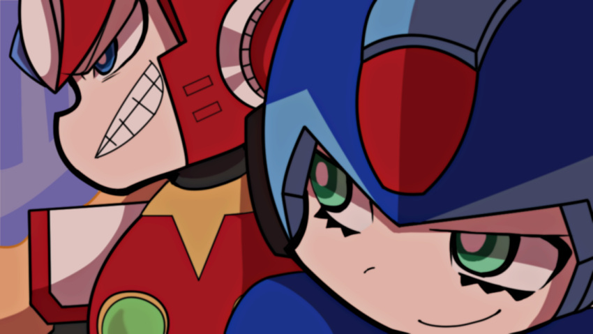 2boys android blonde_hair blue_eyes clenched_teeth close-up commentary_request eyelashes green_eyes helmet long_hair male_focus mega_man_(series) mega_man_x_(series) multiple_boys panty_&amp;_stocking_with_garterbelt parody penmiso smile style_parody teeth upper_body x_(mega_man) zero_(mega_man)