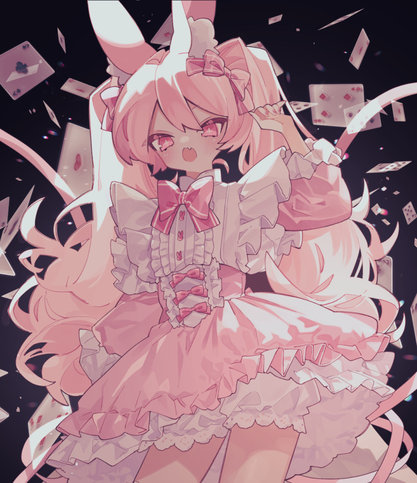 +_+ 1girl :o ace_of_clubs ace_of_hearts animal_ear_fluff animal_ears black_background black_skirt bloomers blush bow card center_frills club_(shape) cowboy_shot fang frilled_shirt frilled_skirt frills hair_between_eyes hair_bow hand_up heart high-waist_skirt highres legs_apart long_hair long_sleeves looking_at_viewer miniskirt open_mouth original ozureiji pink_bow pink_eyes pink_hair pink_theme playing_card rabbit_ears rabbit_girl raised_eyebrows shirt shirt_tucked_in sidelocks simple_background skirt solo thighs twintails underwear white_bloomers white_shirt