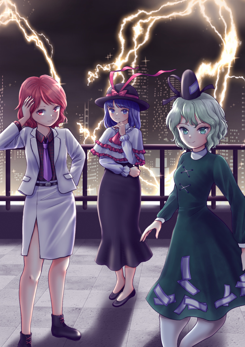 3girls ascot black_footwear black_headwear black_shirt black_skirt boots bow building capelet city closed_mouth collared_shirt commentary_request cross-laced_clothes dress full_body ghost_tail green_dress green_eyes hat hat_bow highres horikawa_raiko jacket kyabekko lightning long_sleeves looking_at_viewer multiple_girls nagae_iku necktie ofuda ofuda_on_clothes outdoors plaid plaid_shirt power_connection purple_hair purple_necktie red_ascot red_bow red_eyes redhead shirt skirt skyscraper smile soga_no_tojiko standing tate_eboshi touhou violet_eyes white_capelet white_jacket white_skirt