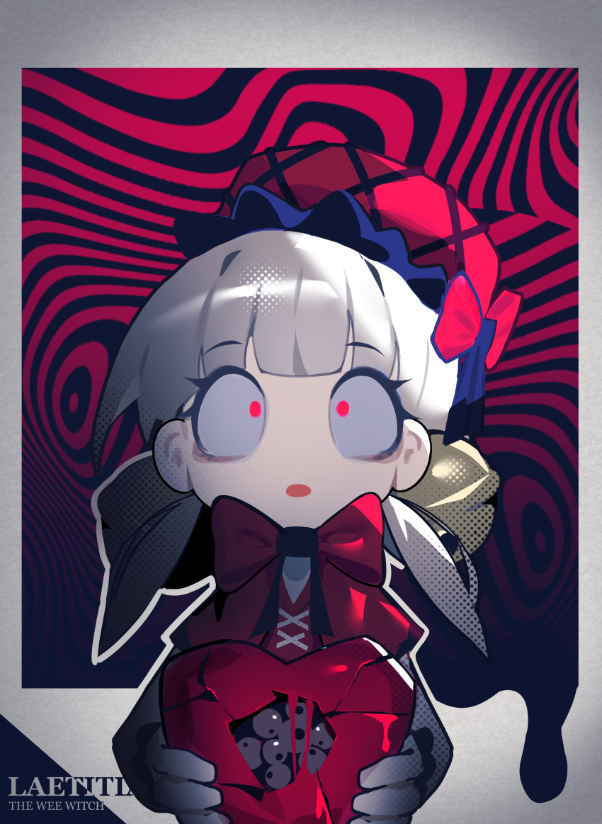 1girl absurdres bell bow character_name ghost_(tama) hair_bow hair_ornament hat heart highres holding laetitia_(lobotomy_corporation) lobotomy_corporation long_sleeves looking_at_viewer open_mouth portrait project_moon red_eyes solo too_many_eyes white_hair
