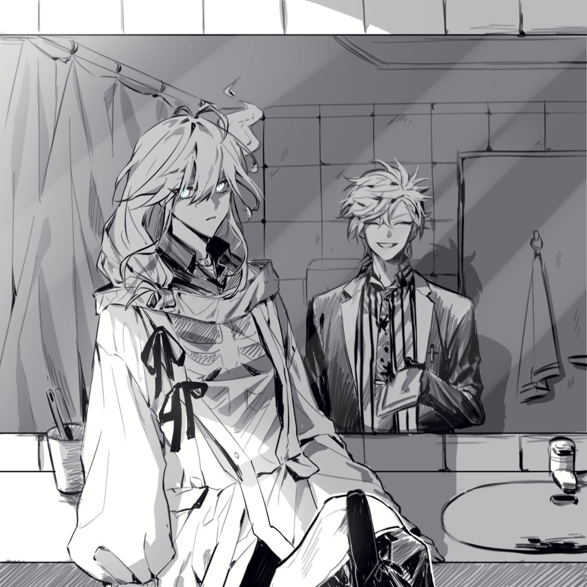 2boys ^_^ antenna_hair bathroom closed_eyes collared_shirt commentary_request cup curtains door earrings expressionless faucet giving gloves greyscale hair_between_eyes hair_bun hair_over_shoulder handkerchief highres hitodama hizaki_gamma holding_handkerchief holostars jacket jewelry korean_commentary lapels long_hair long_sleeves looking_at_viewer low-tied_long_hair male_focus minase_rio mirror mometsu_033 monochrome multiple_boys necktie no_reflection notched_lapels open_clothes open_collar open_jacket parted_lips pov pov_hands reflection ribbon shadow shirt short_hair sink skeleton_print smile striped striped_shirt suit_jacket tile_wall tiles toothbrush towel undershirt upper_body vertical-striped_shirt vertical_stripes virtual_youtuber