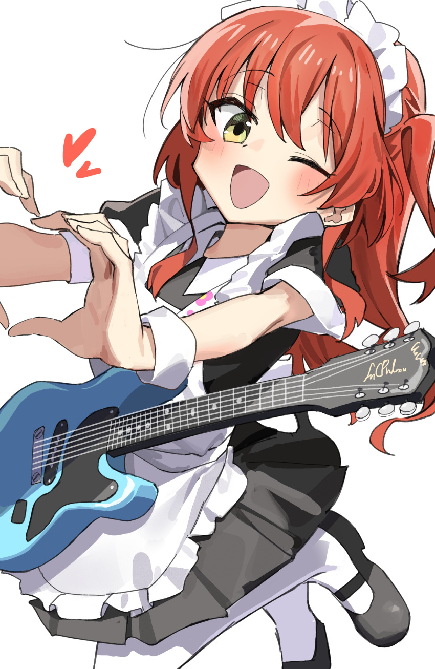 1girl absurdres alternate_costume apron black_dress black_footwear blush bocchi_the_rock! dress electric_guitar enmaided frilled_apron frills green_eyes guitar haruyuki_(gffewuoutgblubh) heart heart_hands highres instrument kita_ikuyo long_hair looking_at_viewer maid one_eye_closed one_side_up open_mouth pantyhose redhead shoes short_sleeves simple_background smile solo white_apron white_background white_pantyhose wrist_cuffs