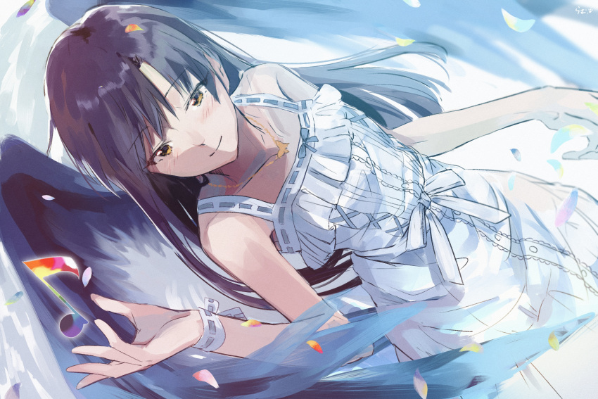 1girl bare_shoulders black_wings blue_hair blush brown_eyes butterfly_necklace closed_mouth collarbone dress dutch_angle fake_wings falling_petals flat_chest frilled_dress frills hand_up highres idolmaster idolmaster_(classic) idolmaster_million_live! idolmaster_million_live!_theater_days jewelry kisaragi_chihaya kuzuya_ramurin long_hair looking_at_another musical_note necklace petals ribbon ribbon-trimmed_clothes ribbon_trim signature sleeveless sleeveless_dress smile solo white_background white_dress white_ribbon white_wristband wings