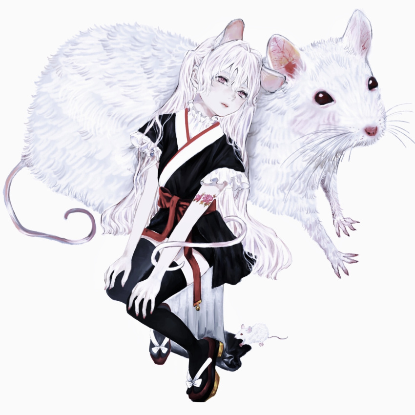 1girl 2020 animal animal_ears arm_tattoo black_robe black_thighhighs chinese_zodiac expressionless full_body hands_on_own_knees highres long_hair looking_at_viewer mouse mouse_ears mouse_girl mouse_tail original oversized_animal pink_eyes robe sandals sash shirone_(coxo_ii) short_sleeves simple_background sitting tail tattoo thigh-highs very_long_hair white_background white_hair year_of_the_rat