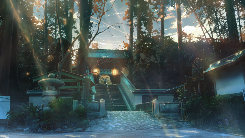 architecture blue_sky bush clouds east_asian_architecture evening highres kamo_nasus. lantern leaf no_humans original outdoors railing road scenery shrine sign sky stairs stone_floor sunlight torii tree