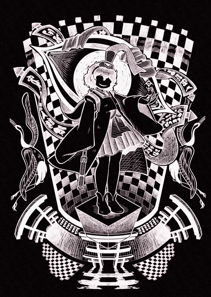 1other androgynous bird black_background checkered_background chikafumikou crane_(animal) cube detached_sleeves eyeball full_body greyscale hakama hakama_short_skirt hakama_skirt hat hat_ribbon headband highres holding_rod japanese_clothes kariginu len'en long_sleeves looking_at_viewer monochrome no_eyes ofuda ofuda_on_clothes open_mouth outstretched_hand ribbon senri_tsurubami short_hair skirt sleeves_past_wrists smile tabi torii wide_sleeves