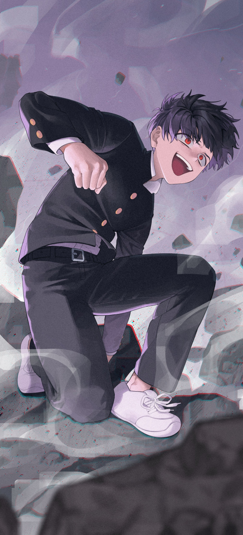 1boy 1didi11di absurdres arm_support black_hair black_jacket black_pants blurry clenched_hand commentary_request crazy_eyes debris depth_of_field fighting_stance floating_hair full_body gakuran highres jacket kageyama_shigeo korean_commentary laughing long_sleeves looking_ahead male_focus mob_psycho_100 on_one_knee open_mouth overcast pants red_eyes rubble school_uniform shirt shirt_tucked_in shoes short_hair sky sneakers solo visible_air white_footwear white_shirt