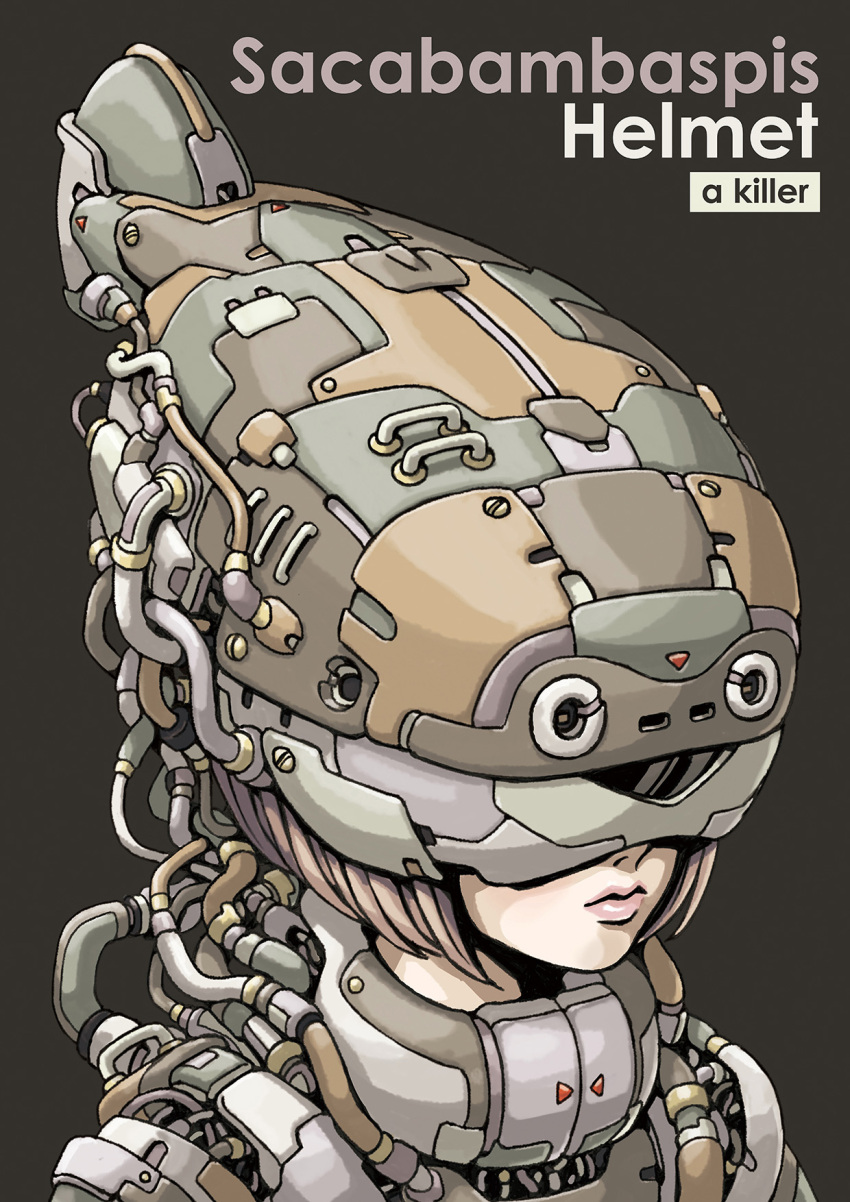 1girl a_killer animal_helmet brown_background closed_mouth commentary covered_eyes english_commentary english_text expressionless fish_helmet helmet highres light_brown_hair mixed-language_commentary original portrait sacabambaspis short_hair simple_background solo