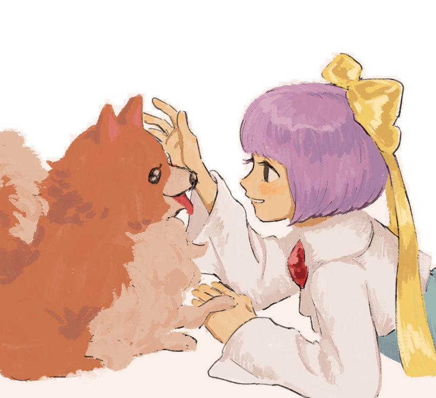 1girl arm_rest bob_cut bow dog from_side ghost_trick grey_eyes grin hair_bow kanon_(ghost_trick) long_sleeves looking_at_animal lying missile_(ghost_trick) on_stomach orange_fur pomeranian_(dog) profile purple_hair renshu_usodayo short_hair simple_background smile solo tongue tongue_out two-tone_fur upper_body white_background white_fur yellow_bow