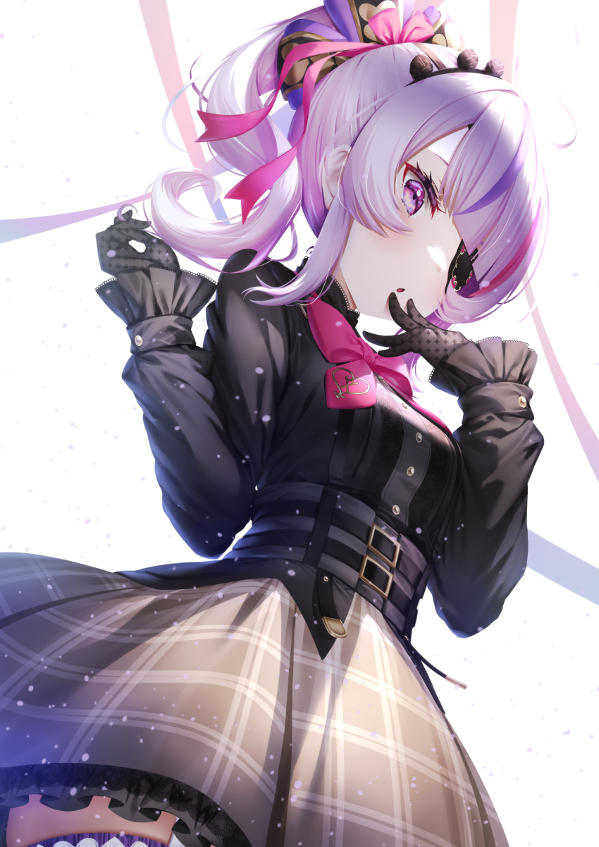 1girl ahoge black_shirt bow breasts eyepatch gloves hair_ornament heart heart_ahoge highres jacket long_sleeves looking_at_viewer maria_marionette multicolored_hair nijisanji nijisanji_en one_eye_covered open_mouth pink_hair purple_hair shirt side_ponytail skirt solo streaked_hair violet_eyes virtual_youtuber white_background zzz_(zzz00166403zzz)