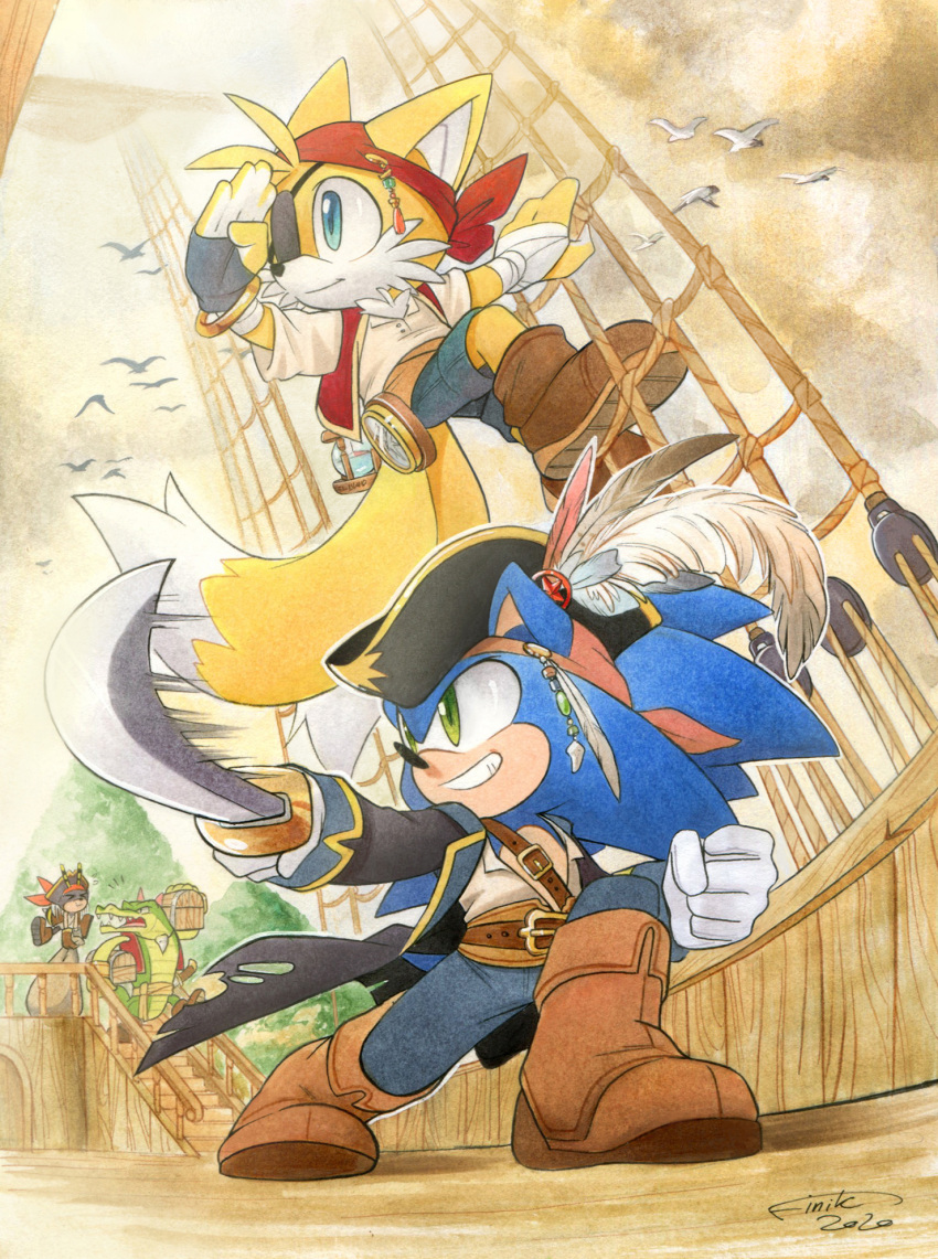 4boys alternate_costume belt bird boots brown_belt brown_footwear charmy_bee dated eyepatch feathers finik highres holding holding_sword holding_weapon multiple_boys pirate_costume seagull signature sonic_(series) sonic_the_hedgehog sword tails_(sonic) vector_the_crocodile weapon