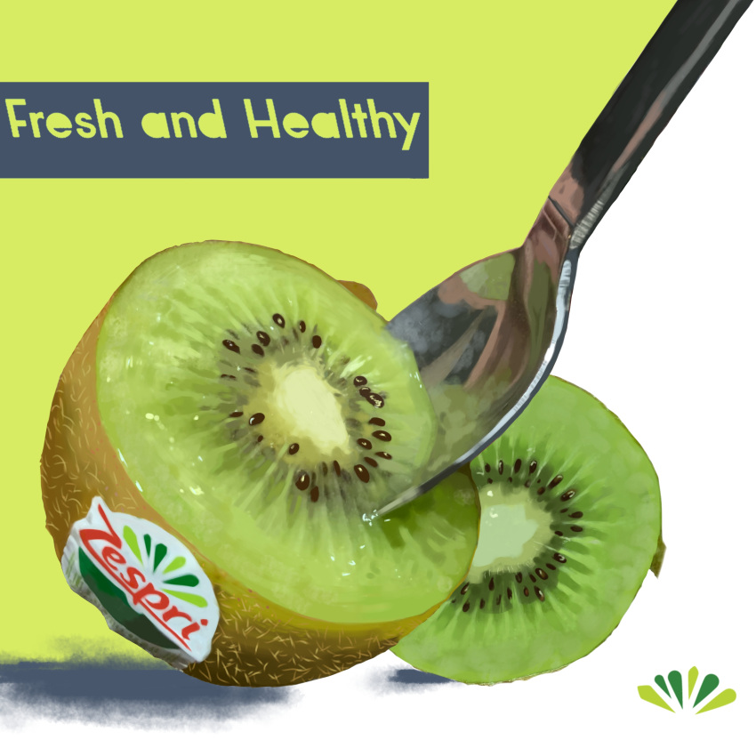 absurdres company_logo english_text food food_focus fruit green_background highres kiwi_(fruit) no_humans product_placement realistic simple_background spoon still_life torutiya two-tone_background white_background zespri
