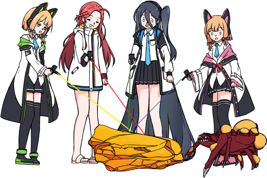 4girls :3 :d =_= animal_ear_headphones animal_ears aris_(blue_archive) barefoot_sandals black_hair black_hairband black_skirt black_thighhighs blonde_hair blue_archive blue_bow blue_eyes blue_necktie bow cat_ear_headphones commentary deep_rock_galactic english_commentary fake_animal_ears forehead full_body game_development_department_(blue_archive) gameplay_mechanics gold green_eyes green_footwear hair_between_eyes hair_bow hairband headphones heads-up_display highres holding holding_weapon jacket jitome laser long_hair long_sleeves looking_at_another looking_down low_tied_sidelocks midori_(blue_archive) momoi_(blue_archive) monster multiple_girls necktie o_o open_clothes open_jacket pink_bow pink_footwear pleated_skirt redhead ringed_eyes sandals shoes siblings sisters skirt sleeves_past_fingers sleeves_past_wrists smile smug sneakers standing template thigh-highs very_long_hair weapon white_footwear xandier59 yuzu_(blue_archive)