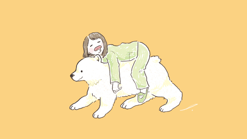 1girl animal_focus bear blush_stickers brown_hair closed_eyes drooling facing_viewer full_body green_footwear long_sleeves lying medium_hair on_stomach open_mouth original pajamas polar_bear riding riding_animal signature simple_background sleeping slippers solo terao_(omelettera) yellow_background