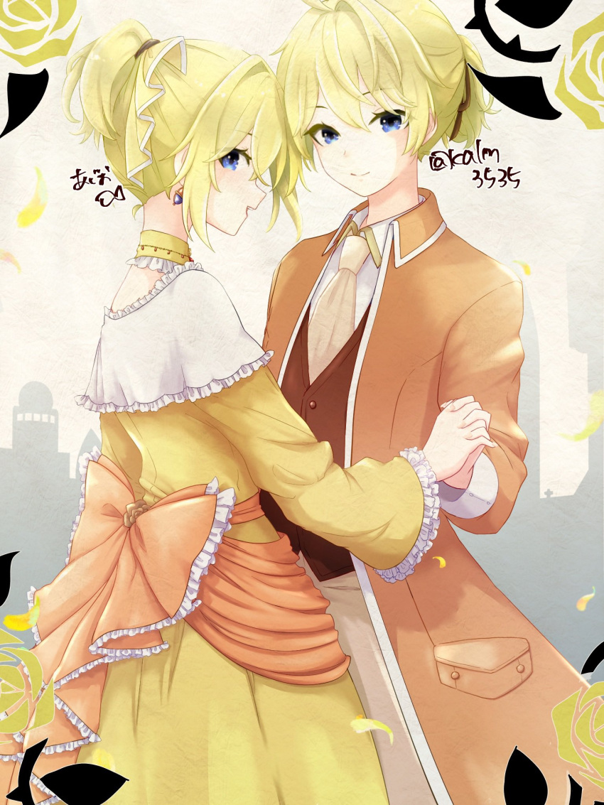 1boy 1girl aku_no_meshitsukai_(vocaloid) aku_no_musume_(vocaloid) allen_avadonia ascot blonde_hair blue_eyes bow brother_and_sister brown_jacket building castle choker collared_jacket collared_shirt commentary detached_collar dress dress_bow earrings evillious_nendaiki falling_petals flower frilled_choker frills hair_bow hair_ribbon high_ponytail highres holding_hands interlocked_fingers jacket jewelry kagamine_len kagamine_rin kalm3535 looking_at_viewer off-shoulder_dress off_shoulder open_clothes open_jacket open_mouth orange_bow orange_jacket petals profile ribbon riliane_lucifen_d'autriche rose shirt short_ponytail siblings sideways_glance silhouette smile twins updo vocaloid white_shirt yellow_bow yellow_choker yellow_dress yellow_flower yellow_rose