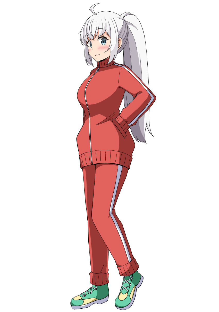 1girl absurdres ahoge aikawa_ryou blue_eyes blush closed_mouth commission full_body green_footwear highres jacket long_hair pants pixiv_commission ponytail red_jacket red_pants shoes simple_background smile solo standing track_jacket track_pants track_suit trainer_(umamusume) umamusume very_long_hair white_background white_hair