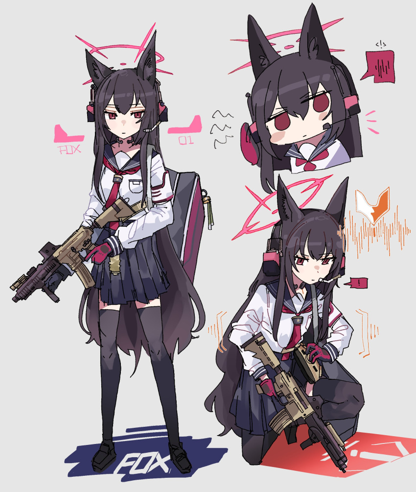 1girl absurdres animal_ears assault_rifle black_footwear black_gloves black_sailor_collar black_skirt black_thighhighs blue_archive chibi chibi_inset closed_mouth ear_protection fox_ears gloves grey_background gun hair_between_eyes highres kneeling long_hair looking_at_viewer multiple_views neckerchief odmised red_eyes red_gloves red_neckerchief rifle sailor_collar school_uniform serafuku simple_background sketch skirt solo thigh-highs throat_microphone two-tone_gloves weapon weapon_case white_serafuku yukino_(blue_archive)
