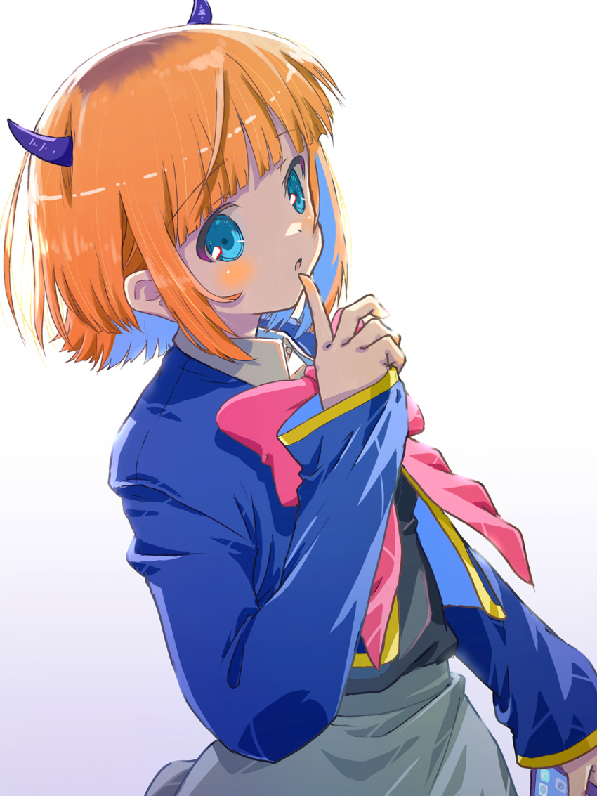 1girl akayama_yukihe blue_eyes blue_shirt blunt_bangs blush bow cellphone commentary_request demon_horns fake_horns grey_skirt highres holding holding_phone horns index_finger_raised looking_at_viewer memcho open_mouth orange_hair oshi_no_ko phone pink_bow pink_ribbon ribbon shirt short_hair sidelocks simple_background skirt sleeves_past_wrists smartphone solo standing white_background