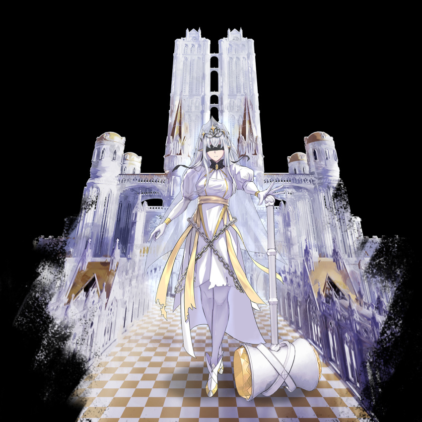 1girl black_background black_blindfold blindfold brooch building castle chain checkered_floor crossed_bangs dress elbow_gloves facing_viewer fuann full_body gloves grey_hair hair_between_eyes hammer highres holding holding_hammer jewelry long_hair nun original pantyhose parted_lips pointy_ears puffy_short_sleeves puffy_sleeves railing sash shoes short_sleeves solo standing tiara torn_clothes veil waist_cape war_hammer weapon white_dress white_footwear white_gloves white_pantyhose yellow_gemstone yellow_sash