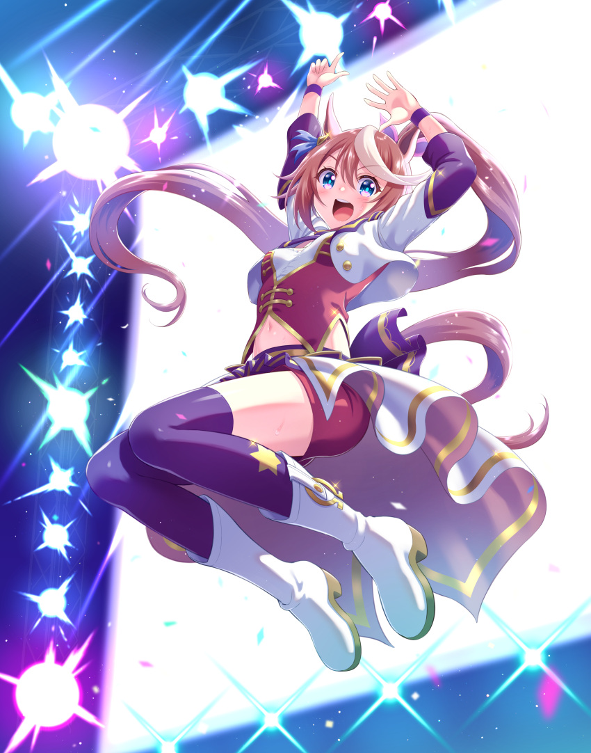 1girl :d absurdres animal_ears arms_up black_thighhighs blue_eyes blush boots breasts brown_hair commentary_request corset eyelashes floating_hair full_body hair_between_eyes harukaze_soyogu highres horse_ears horse_girl index_finger_raised jumping legs long_hair long_sleeves looking_at_viewer medium_breasts midair multicolored_hair navel open_mouth purple_wristband red_corset red_shorts round_teeth shirt shorts smile solo sparkle spotlight stage star_(symbol) star_print stomach streaked_hair sweat teeth thigh-highs thighs tokai_teio_(umamusume) umamusume upper_teeth_only v-shaped_eyebrows very_long_hair white_footwear white_hair white_shirt wide-eyed