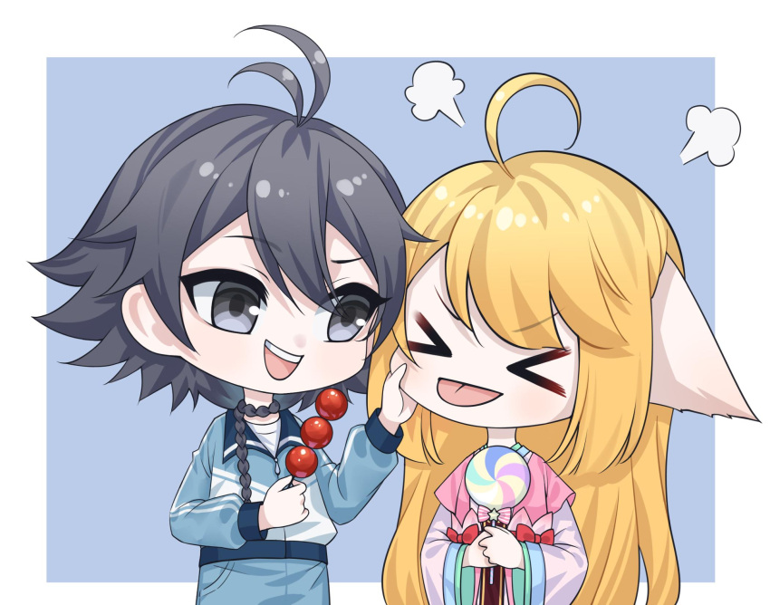 &gt;_&lt; 1boy 1girl :d ahoge animal_ears antenna_hair bai_yuechu black_eyes black_hair blonde_hair blue_background blue_jacket blue_pants border candy cheek_pinching chibi chinese_clothes ears_down food fox_ears fume hand_on_another's_cheek hand_on_another's_face hands_up hanfu highres holding holding_food huyao_xiao_hongniang jacket kumu_zaisheng layered_sleeves lollipop long_hair long_sleeves looking_at_another outside_border pants pinching pink_shirt shirt short_hair short_over_long_sleeves short_sleeves smile swirl_lollipop tanghulu teeth tongue tongue_out track_jacket tushan_susu upper_body upper_teeth_only v-shaped_eyebrows white_border wide_sleeves