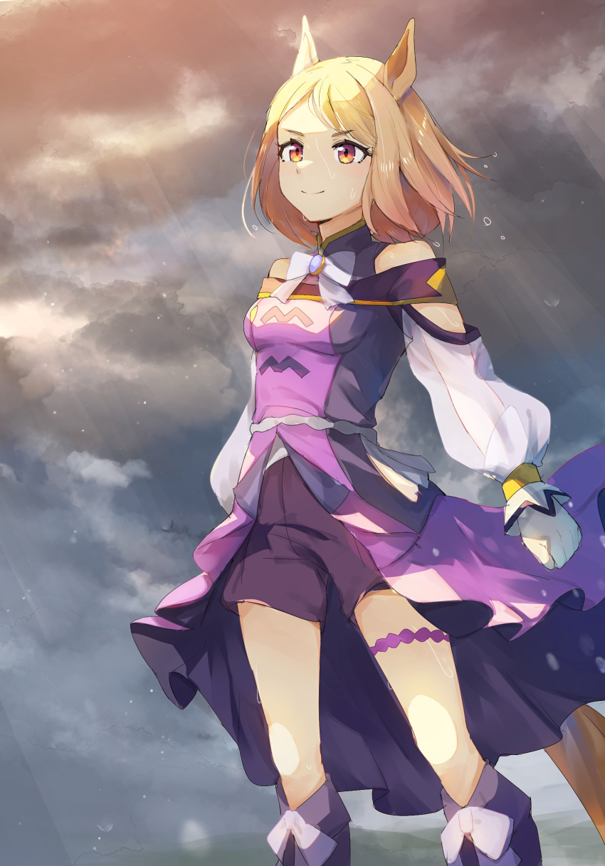 1girl animal_ears ankle_boots blonde_hair boots brown_eyes dress feet_out_of_frame from_side highres horse_ears horse_girl horse_tail narita_top_road_(umamusume) off-shoulder_dress off_shoulder purple_dress purple_footwear purple_shorts ra_mun5239 short_hair shorts smile solo tail umamusume umamusume:_road_to_the_top
