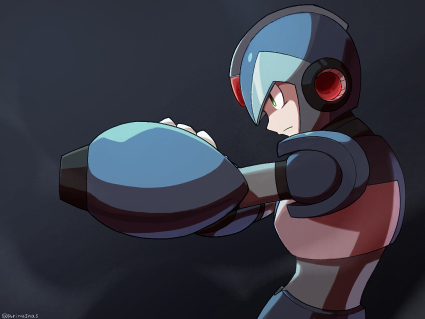 1boy android arm_cannon commentary_request green_eyes helmet male_focus mega_man_(series) mega_man_x_(series) porinasnas simple_background solo upper_body weapon x_(mega_man)