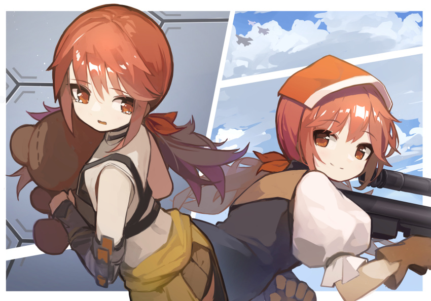 1girl breasts brown_eyes brown_gloves brown_hair brown_shorts clothes_around_waist clouds commentary_request falcon_(girls'_frontline) from_above girls'_frontline_neural_cloud girls_frontline gloves hair_between_eyes hair_ribbon head_scarf headband highres holding holding_weapon jacket jacket_around_waist looking_at_viewer looking_back low_twintails lying puffy_short_sleeves puffy_sleeves red_ribbon ribbon shirt short_sleeves shorts small_breasts smile stuffed_animal stuffed_toy suginakara_(user_ehfp8355) tearing_up teddy_bear twintails weapon white_shirt yellow_jacket zvi_falcon