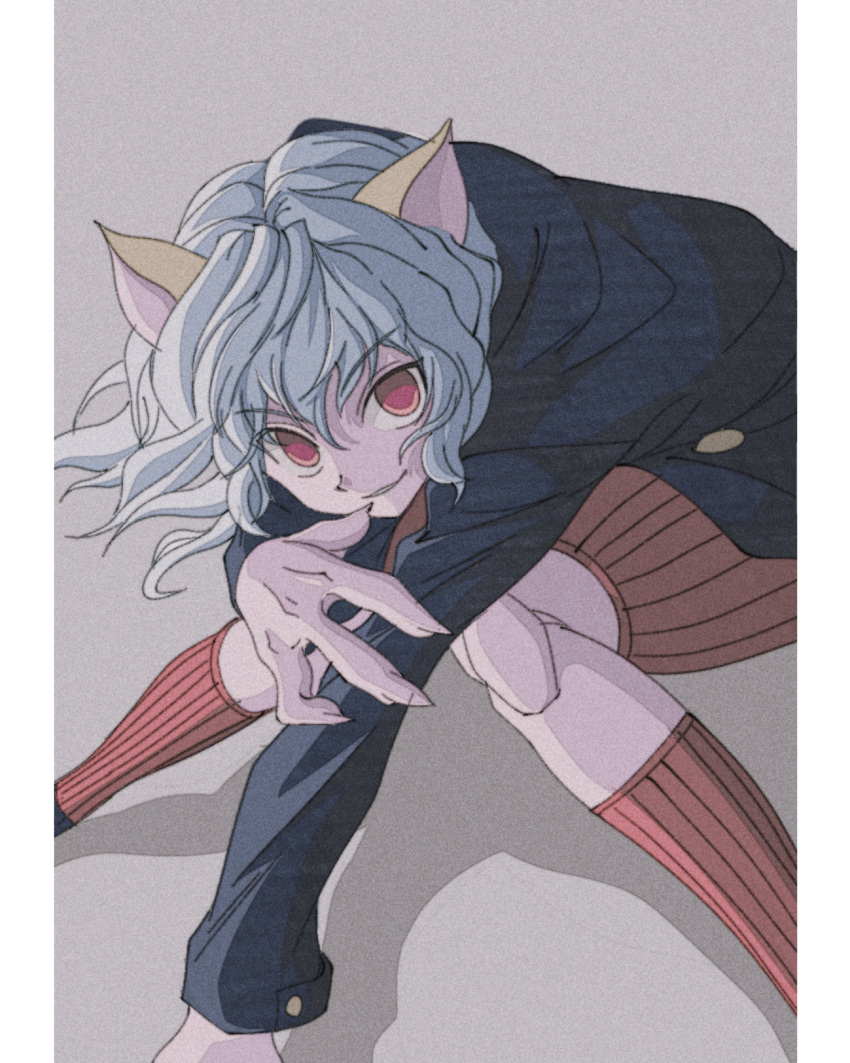 1other absurdres androgynous animal_ears cat_ears cat_tail chimera_ant curly_hair doll_joints enoki_(gongindon) fingernails grey_background highres hunter_x_hunter joints long_sleeves looking_at_viewer neferpitou other_focus red_eyes sharp_fingernails short_hair simple_background smile solo squatting tail white_hair