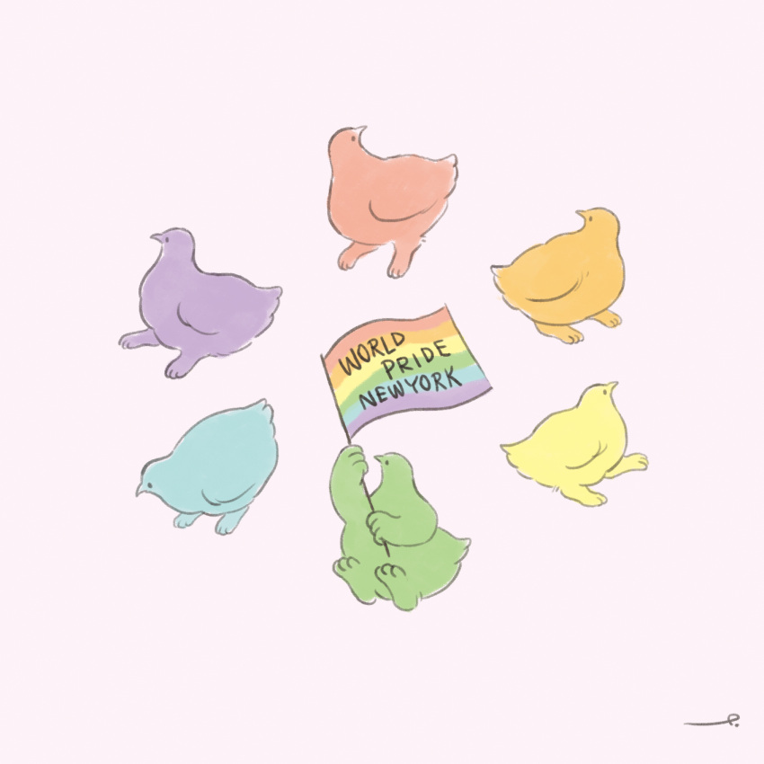 animal_focus bird commentary dated_commentary english_commentary english_text flag grey_background highres holding holding_flag lgbt_pride no_humans original rainbow_flag signature simple_background terao_(omelettera)