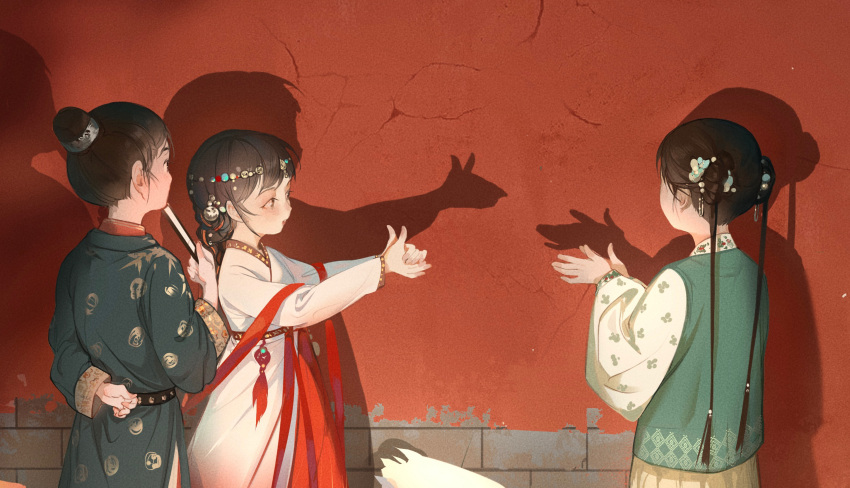 1boy 2girls arm_behind_back blue_robe brick_wall brown_hair child chinese_clothes circlet dog_shadow_puppet double_bun eyeliner female_child folded_fan folding_fan green_vest hair_bun hair_ornament hair_pulled_back hand_fan hanfu highres holding holding_fan long_sleeves looking_ahead looking_at_another makeup male_child multiple_girls original outstretched_arms playing robe shadow shadow_puppet shawl single_hair_bun skirt tassel twintails vest wall weizhidaodao white_robe wide_sleeves yaopei yellow_skirt