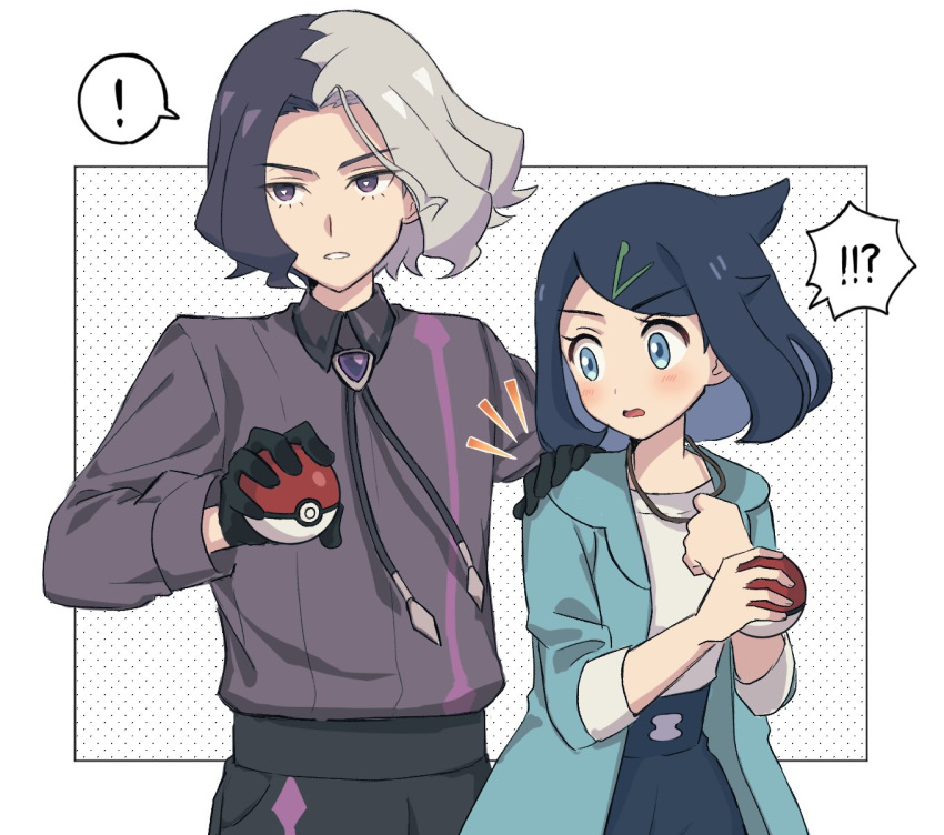 ! 1boy 1girl amethio_(pokemon) aqua_eyes black_gloves black_hair black_pants blush border coat collared_shirt commentary_request cowlick gloves green_coat hair_ornament hairclip hand_on_another's_shoulder highres holding holding_poke_ball liko_(pokemon) multicolored_hair nm222 open_clothes open_coat open_mouth pants poke_ball poke_ball_(basic) pokemon pokemon_(anime) pokemon_horizons shirt short_hair shorts spoken_exclamation_mark two-tone_hair white_border white_shirt