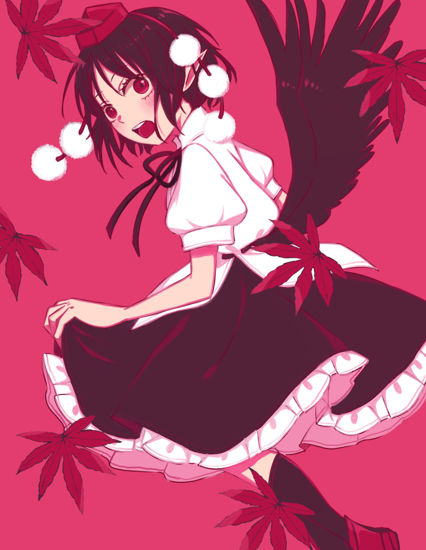 autumn_leaves black_bow black_bowtie black_hair black_skirt black_socks black_wings bow bowtie clothes_lift collared_shirt feathered_wings frilled_skirt frills from_side geta hat highres lifted_by_self long_skirt looking_at_viewer open_mouth pink_background pom_pom_(clothes) puffy_short_sleeves puffy_sleeves red_footwear red_headwear shameimaru_aya shirt short_hair short_sleeves skirt skirt_lift socks teeth tengu tengu-geta tokin_hat toraneko_2 touhou upper_teeth_only white_shirt wings